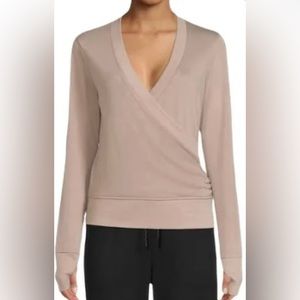 Avía Yoga Top Athleisure Long Sleeve Wrap Knit Size XXL (20), Tan, Thumb Holes